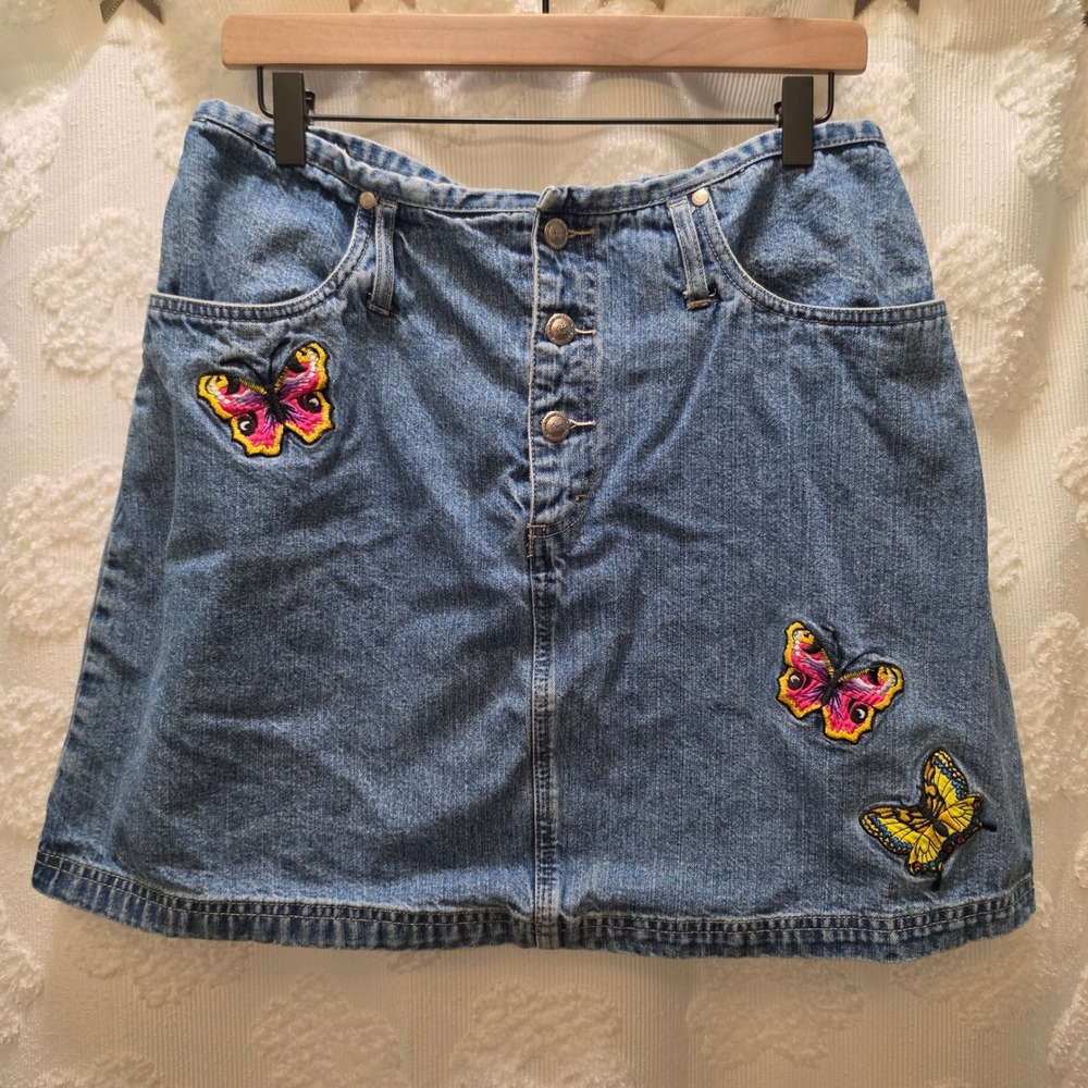 Vintage No Excuses Butterfly Embroidered Denim‎ Mini Skirt Button Fly Blue 15/16